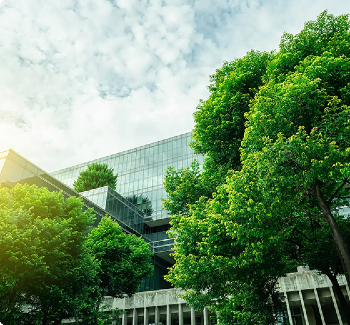 都市のビルを背景にした緑のある風景