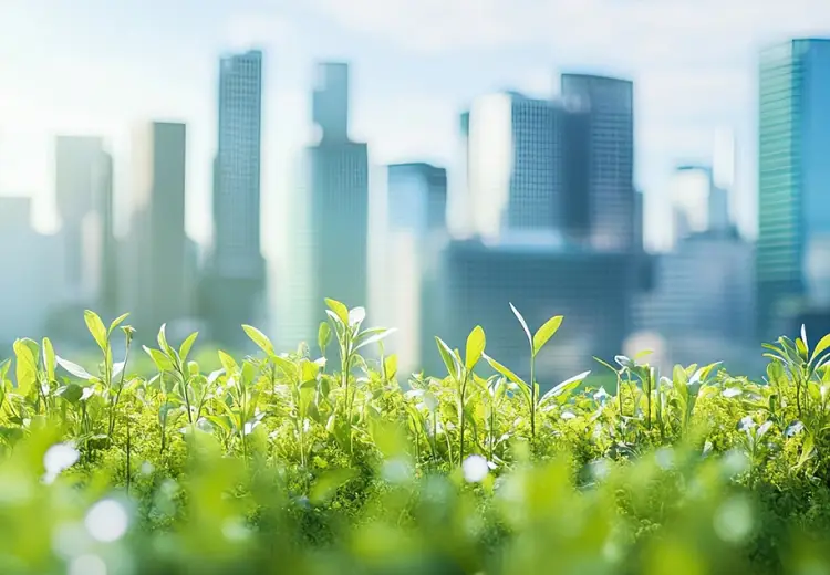 都市のビル群を背景にした緑のある風景